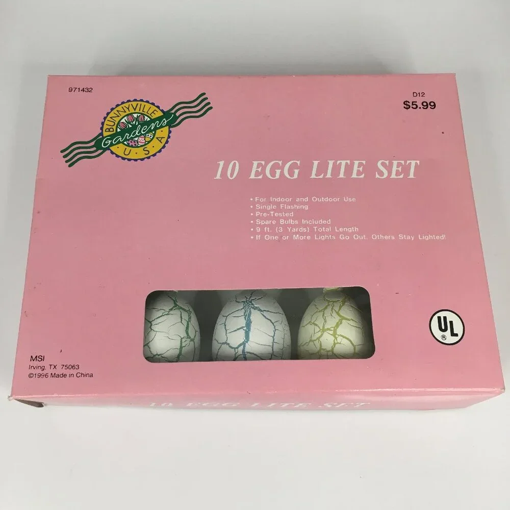 New Bunnyville Gardens USA 10 Egg Lights String Easter Spring Decor Vintage NOS